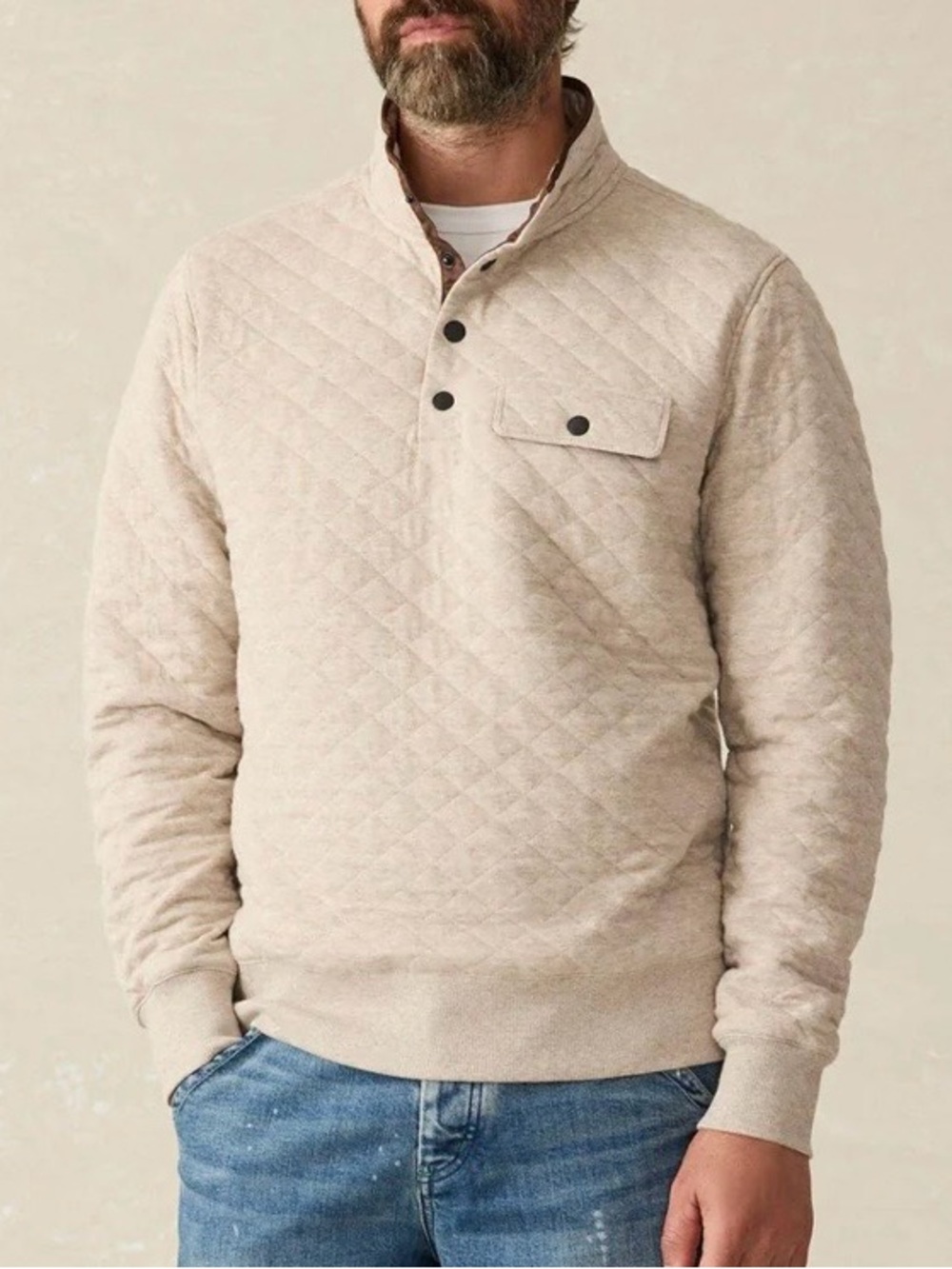 Faherty Light Beige Quilted Henley Pullover